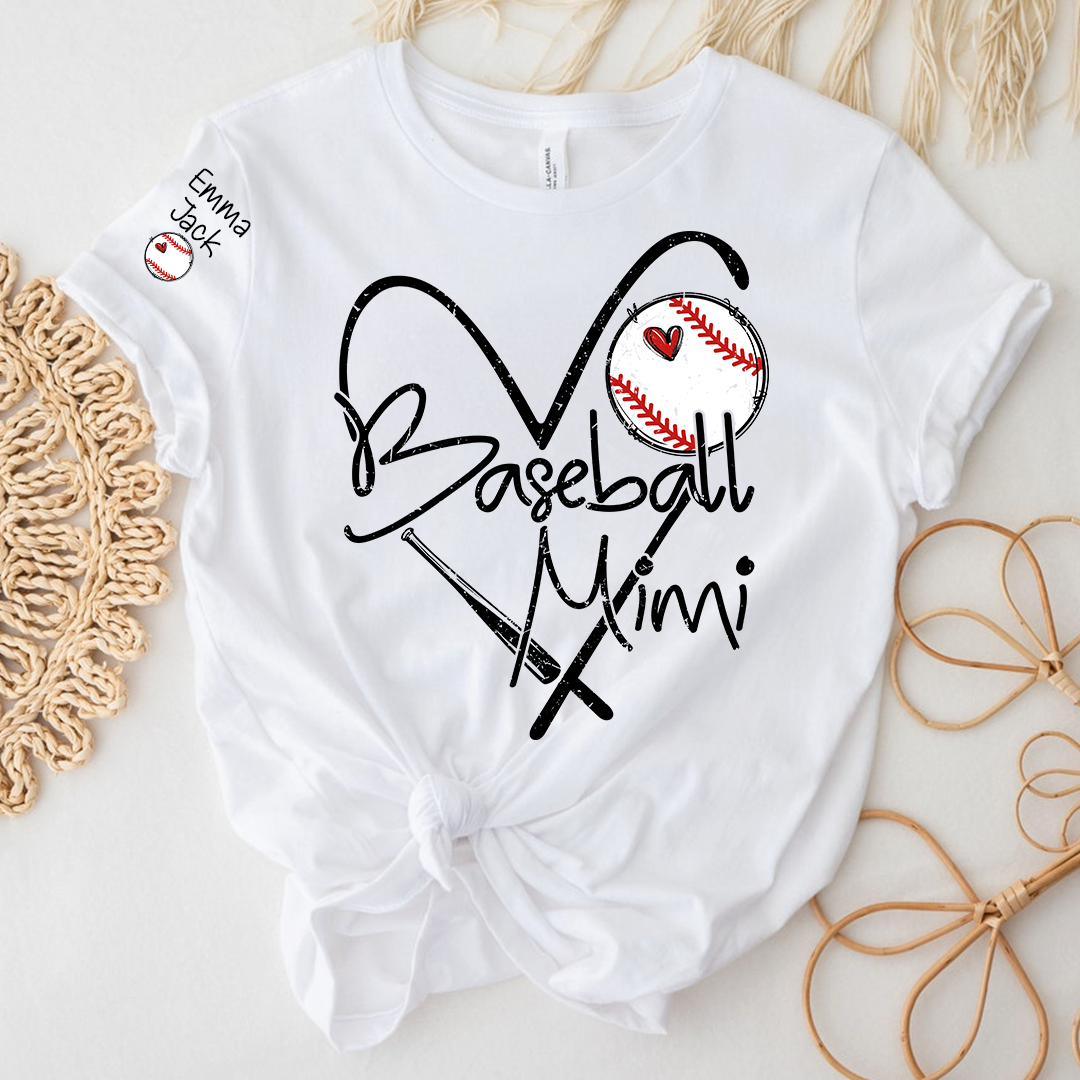 Baseball Mimi Shirt Personalized with Grandkids Names, Heart and Bat Sports Family T Shirt