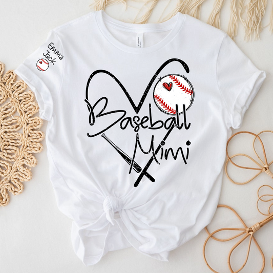 Baseball Mimi Shirt Personalized with Grandkids Names, Heart and Bat Sports Family T Shirt