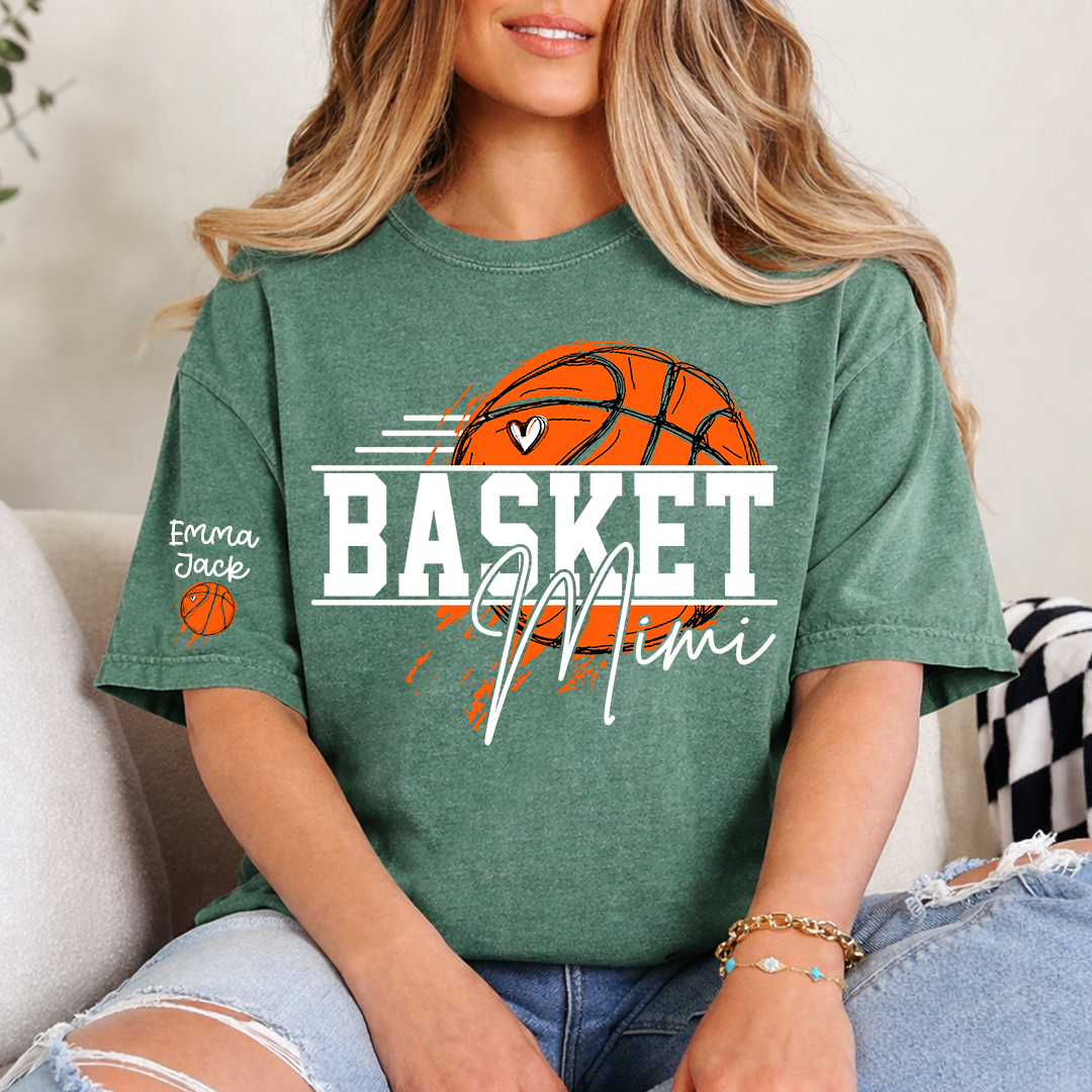 Basketball Mimi Shirt, Custom Grandkids Names with Basketball Hoop Design Family Tee