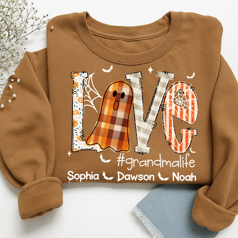 Personalized Grandma Halloween Outfit, Cute Ghost Sweatshirt with Grandkids Names