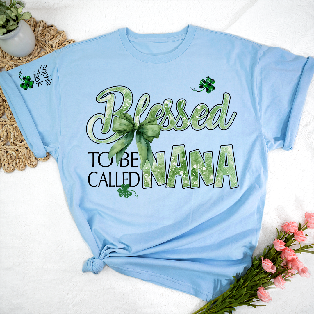 Personalized Nana T-shirt, Blessed to Be Called Nana Patrick's Day Green Clover Bow Design Gift for Grandma