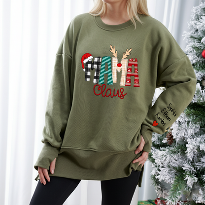Mama Claus Oversized Christmas Sweatshirt - Personalized Holiday Pullover with Kids' Names on Sleeve, Cozy Festive Gift for Mom