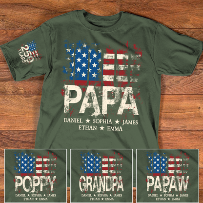 Custom Papa Shirt, 250th Anniversary USA Flag Design, Personalized with Grandkids Names, Patriotic Gift