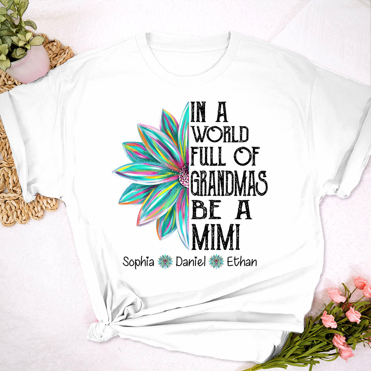 Personalized Mimi Shirt with Grandkids Names, In A World Full of Grandmas Be a Mimi Tee, Custom Floral Family Gift for Grandma