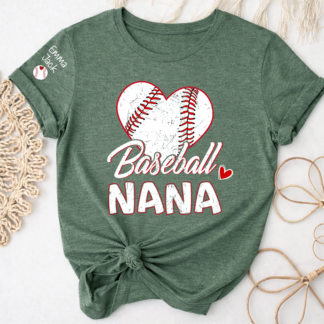 Baseball Nana T-Shirt With Custom Grandkids Names, Heart Graphic Design For Gift Gradma And Kids