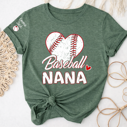 Baseball Nana T-Shirt With Custom Grandkids Names, Heart Graphic Design For Gift Gradma And Kids