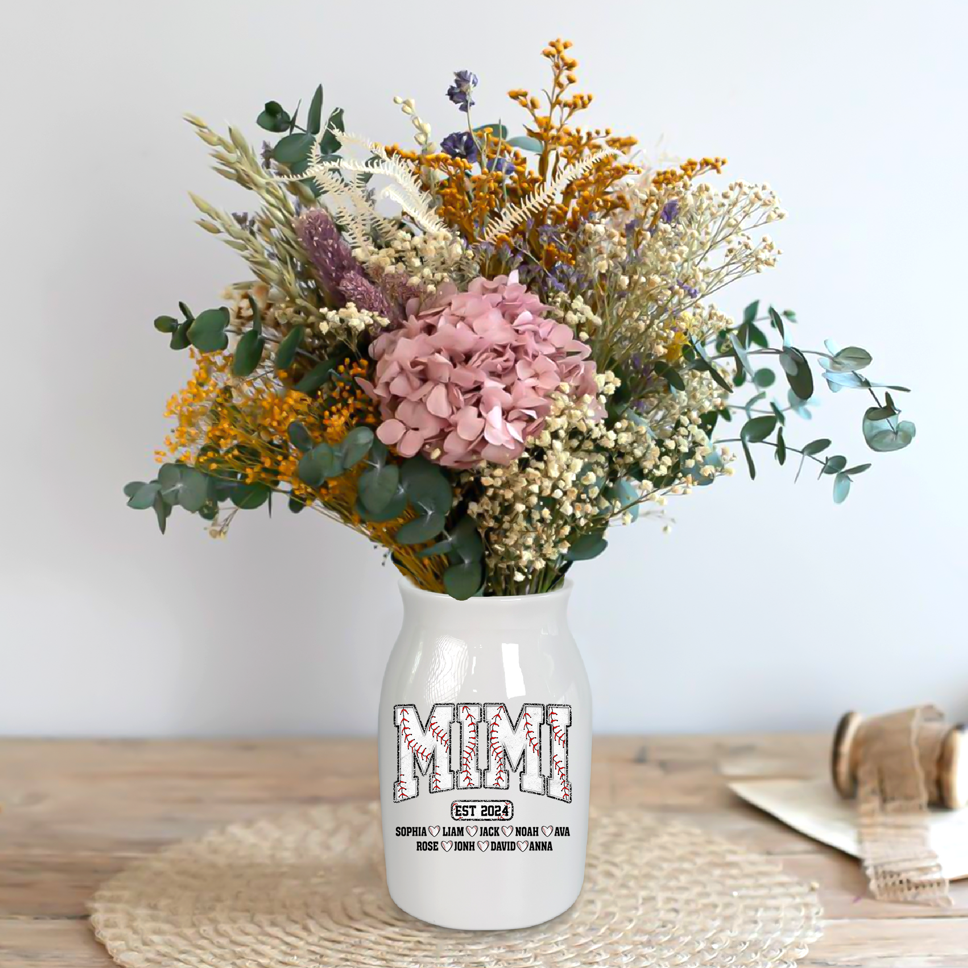 Baseball Grandma And Kids - Custom Home Decoration Flower Vase According To Family Requirements - Warm Gift For Mother's Day, Ceramic Flower Vase