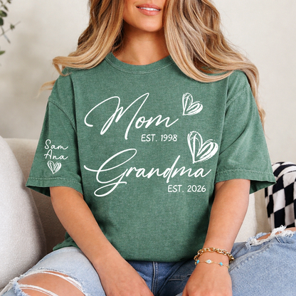 Custom EST Year Mom and Grandma T-Shirt, Personalized Family T-Shirt with Heart Design for Mom & Grandma