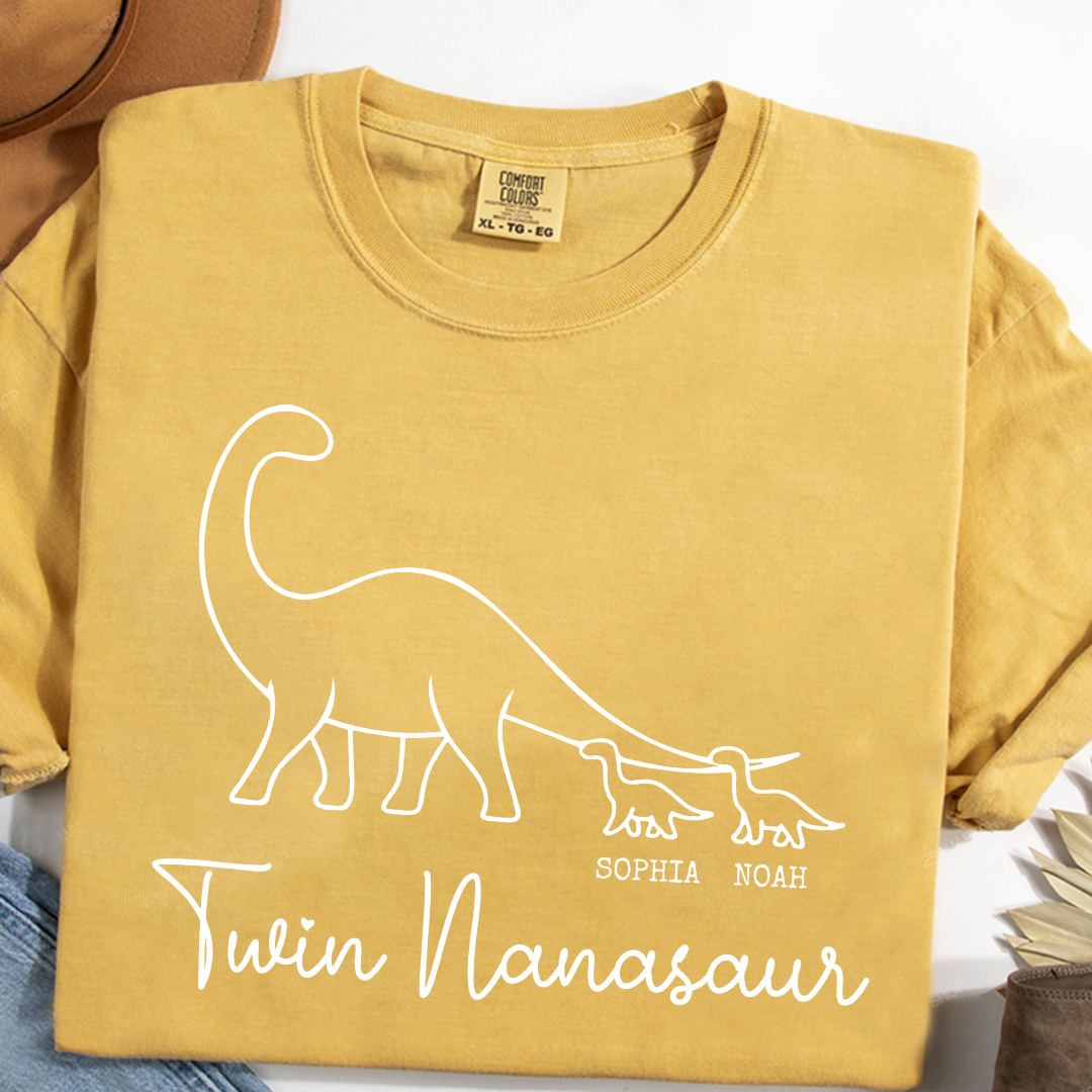 Comfort Colors® Twin Nanasaur Shirt, Personalized Dinosaur Grandma Tee, Custom Grandkids Names T Shirt, Fun Dino Grandma Gift