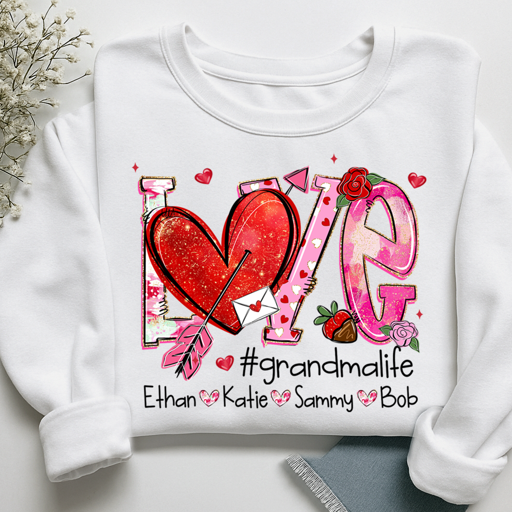 Custom Grandma Life Love Sweatshirt, Heart Patchwork Valentine Gift For Grandma And Kids