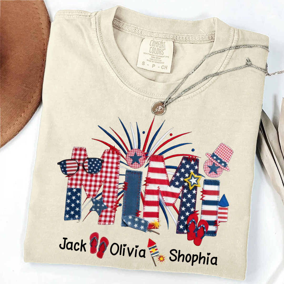 Comfort Colors Mimi Custom T Shirt with Patriotic Design & Grandkids' Names, Perfect for 4th of July