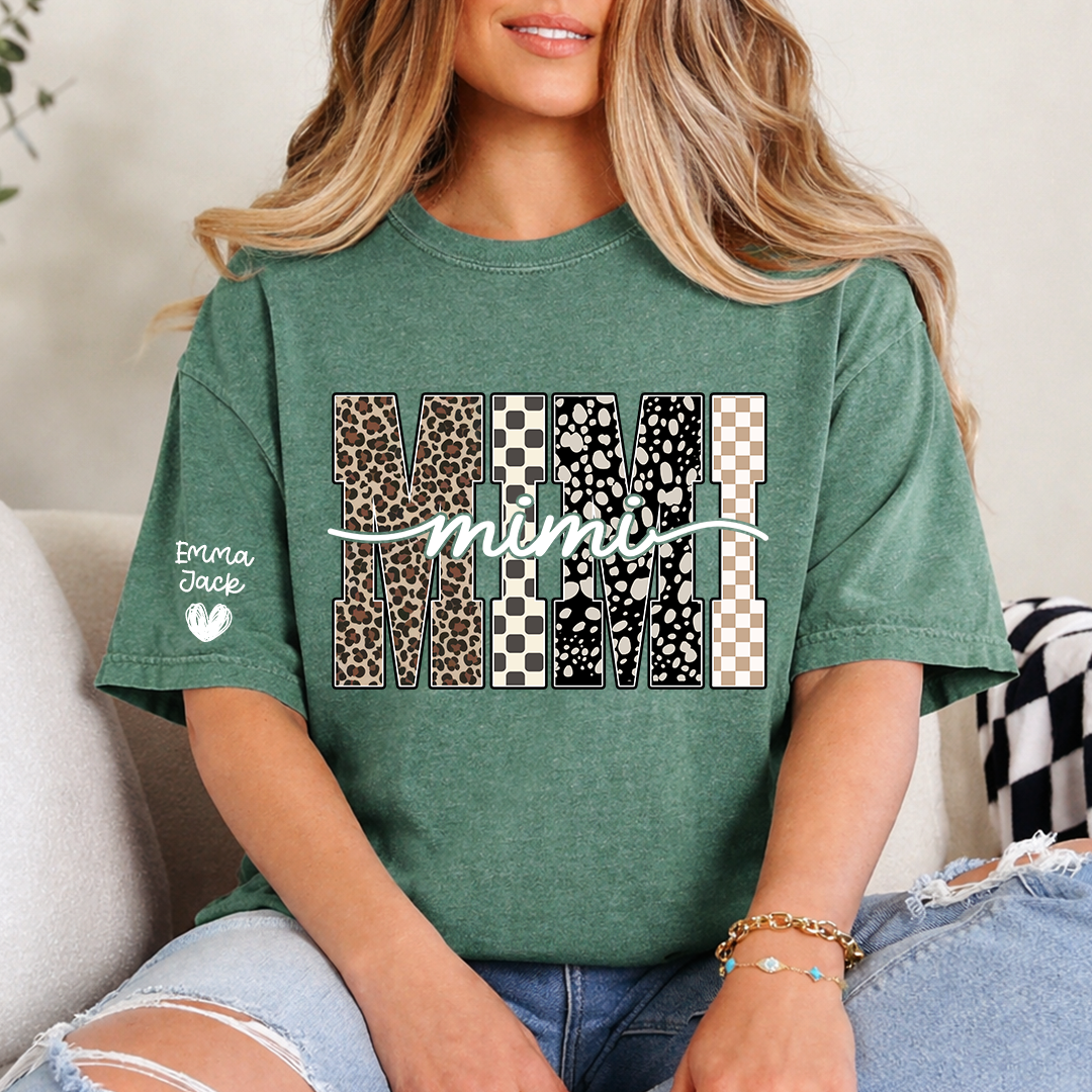 Personalized Mimi Shirt with Grandkids Names, Leopard and Checkered Pattern Family Tee