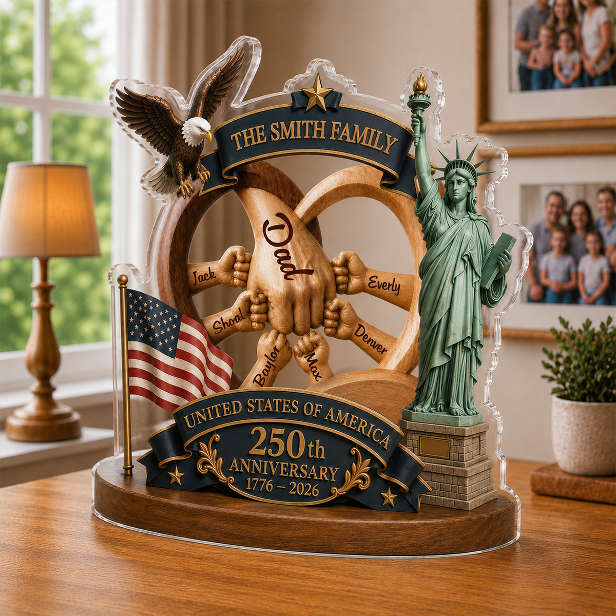 Personalized United States 250th Anniversary 1776-2026 Family Fist Bump Keepsake with Statue of Liberty and Eagle - Custom Shaped Acrylic Plaque Custom Shape Acrylic Blocks