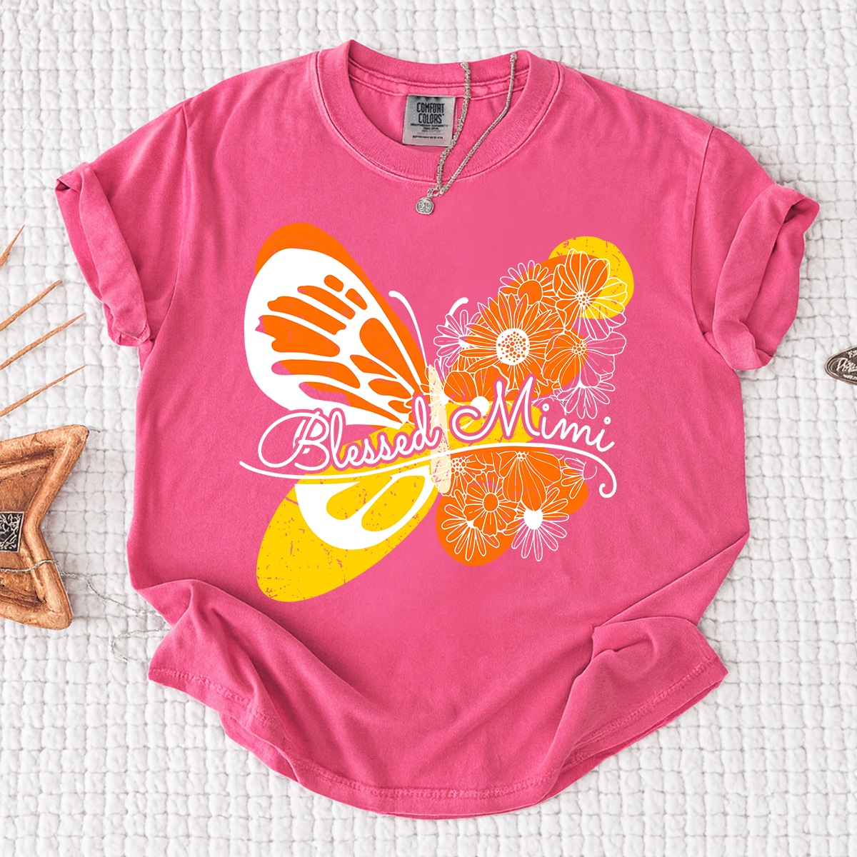 Comfort Colors Personalized Blessed Mimi Shirt with Butterfly and Floral Design, Custom Grandkids Names