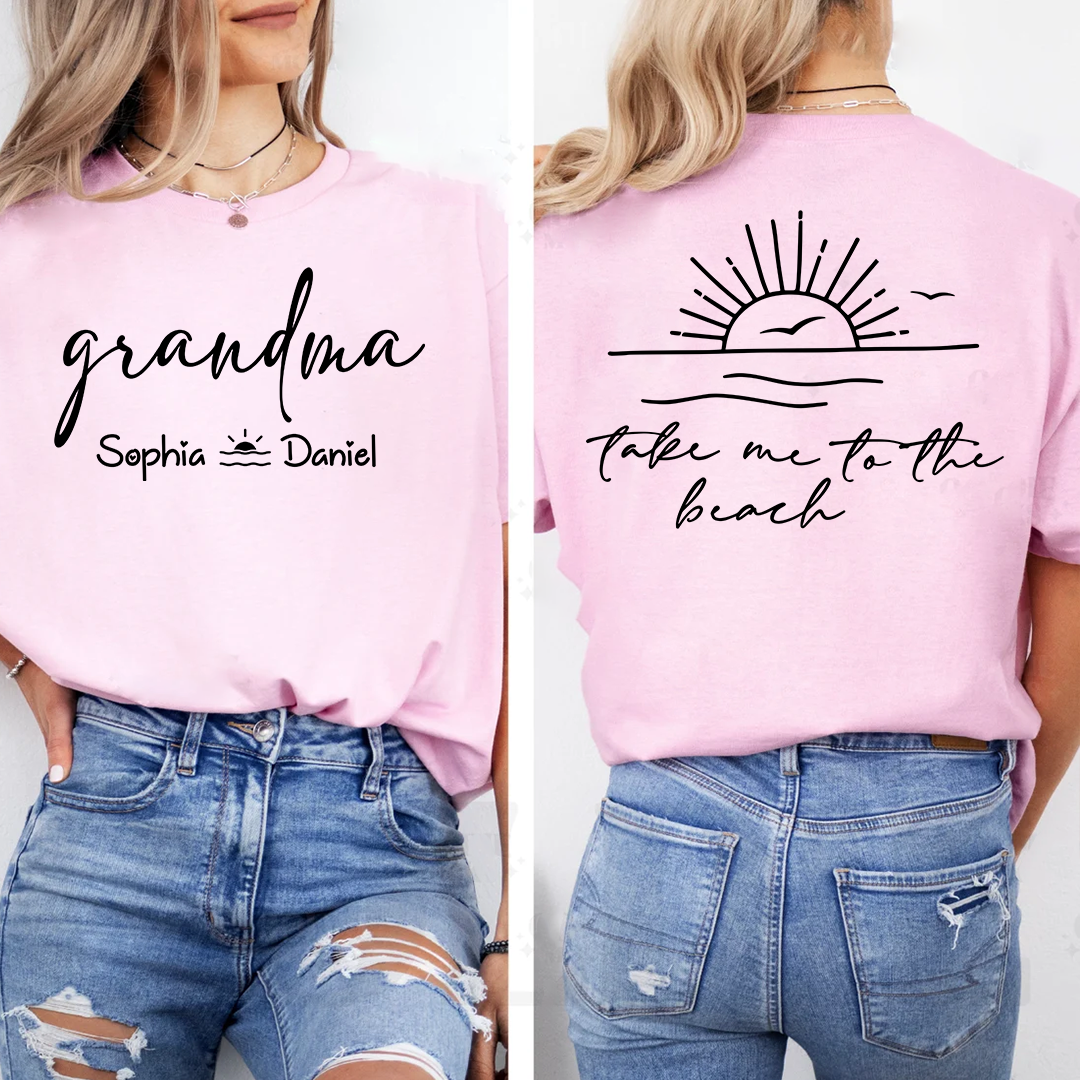 Custom Grandma Shirt with Grandchildren Names, Beach Vacation Back Graphic Tee, Personalized Family Summer Apparel for Women