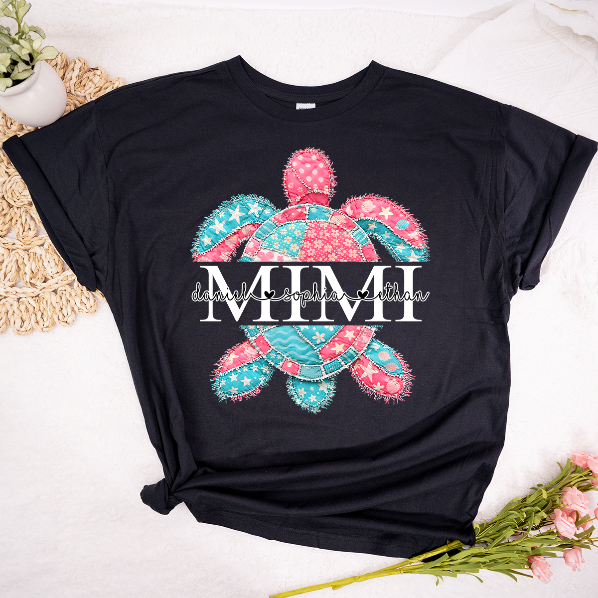 Custom Mimi T Shirt with Grandchildren Names, Colorful Patchwork Sea Turtle Graphic Tee, Beach Lover Gift for Women