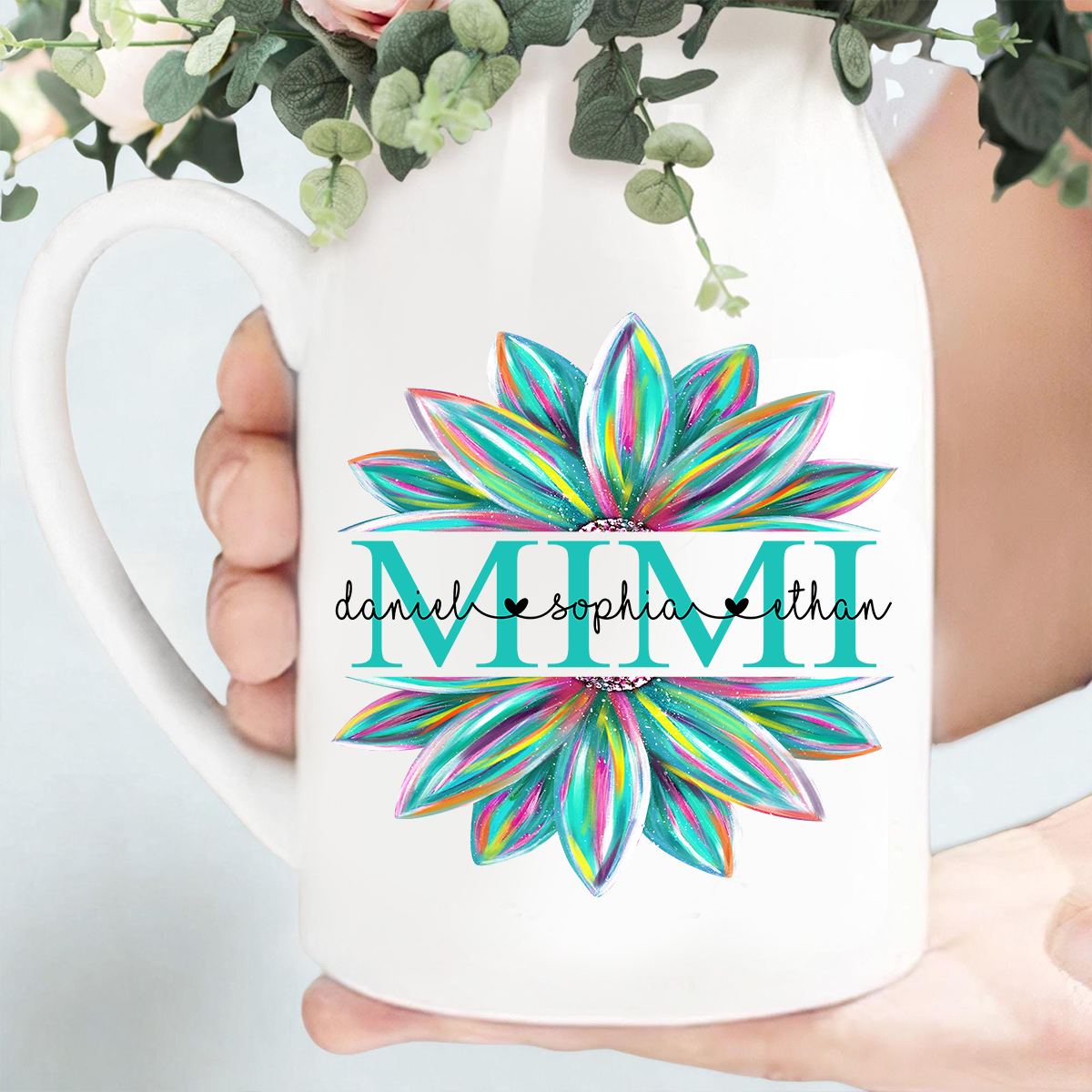 Custom Mimi Flower Vase, Personalized Floral Heart Design with Grandkids' Names, Ideal Gift for Mimi, Mother's Day, Birthday