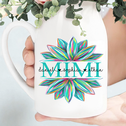 Custom Mimi Flower Vase, Personalized Floral Heart Design with Grandkids' Names, Ideal Gift for Mimi, Mother's Day, Birthday