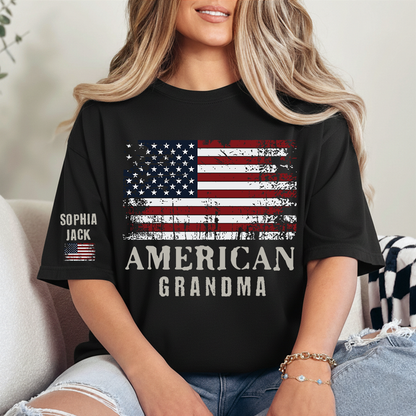 Custom American Grandma T-Shirt, Personalized Grandkids Name Sleeve Patriotic Shirt