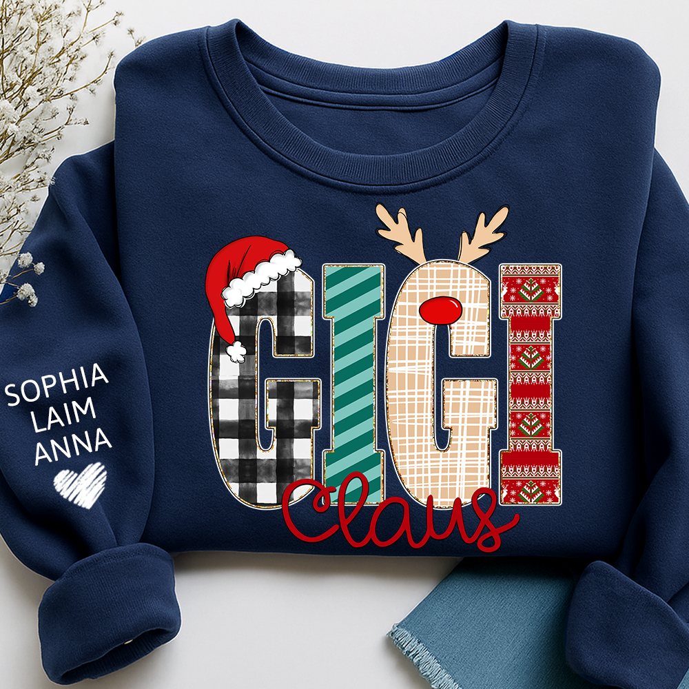 Gigi Claus Christmas Sweatshirt – Personalized Holiday  with Child’s Name on Sleeve Sweatshirts
