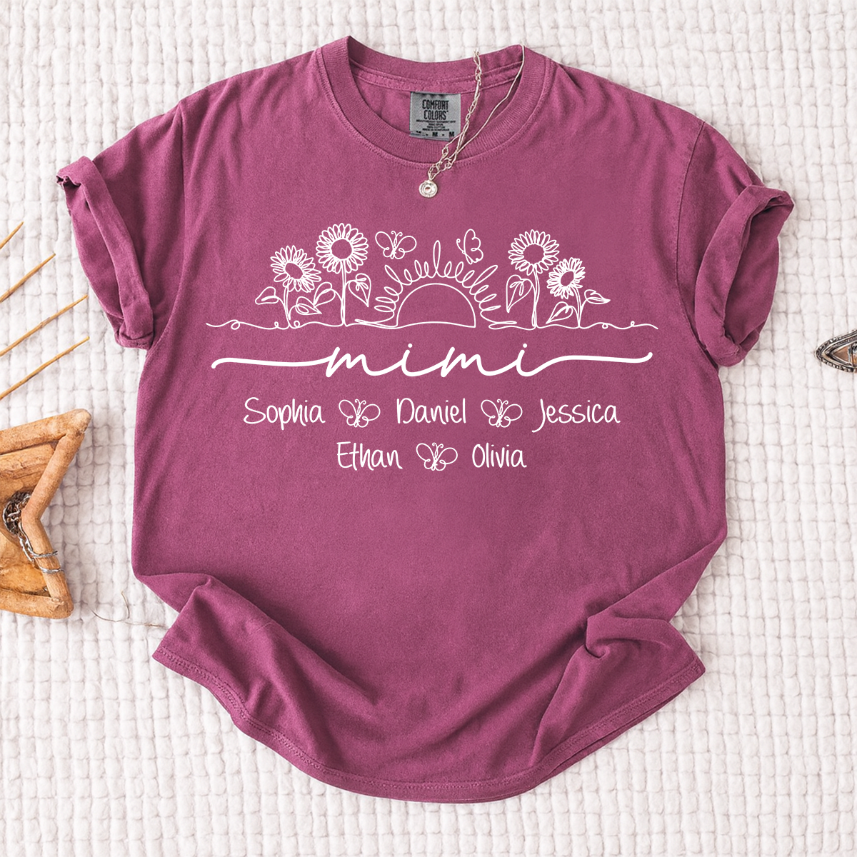 Comfort Colors Custom Mimi T Shirt with Grandchildren Names, Sunflower Garden Graphic Tee, Personalized Family Apparel for Women