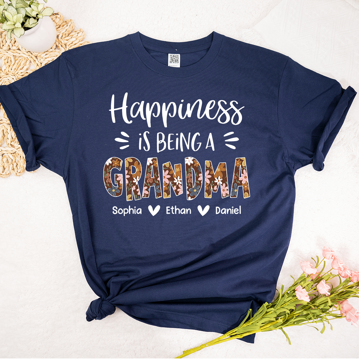 Happiness Is Being a Grandma Shirt, Floral Pattern Grandma Tee, Personalized Name Gift for Grandma