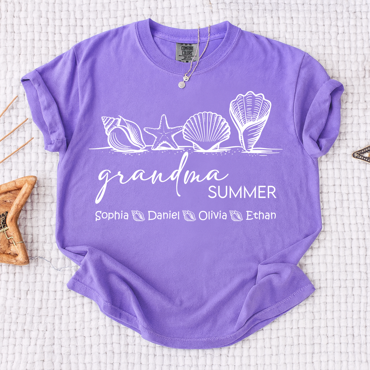 Comfort Colors Grandma Summer Vacation Shirt, Personalized Seashell T-Shirt with Kids Names, Beach Lover Grandma Family Trip Gift