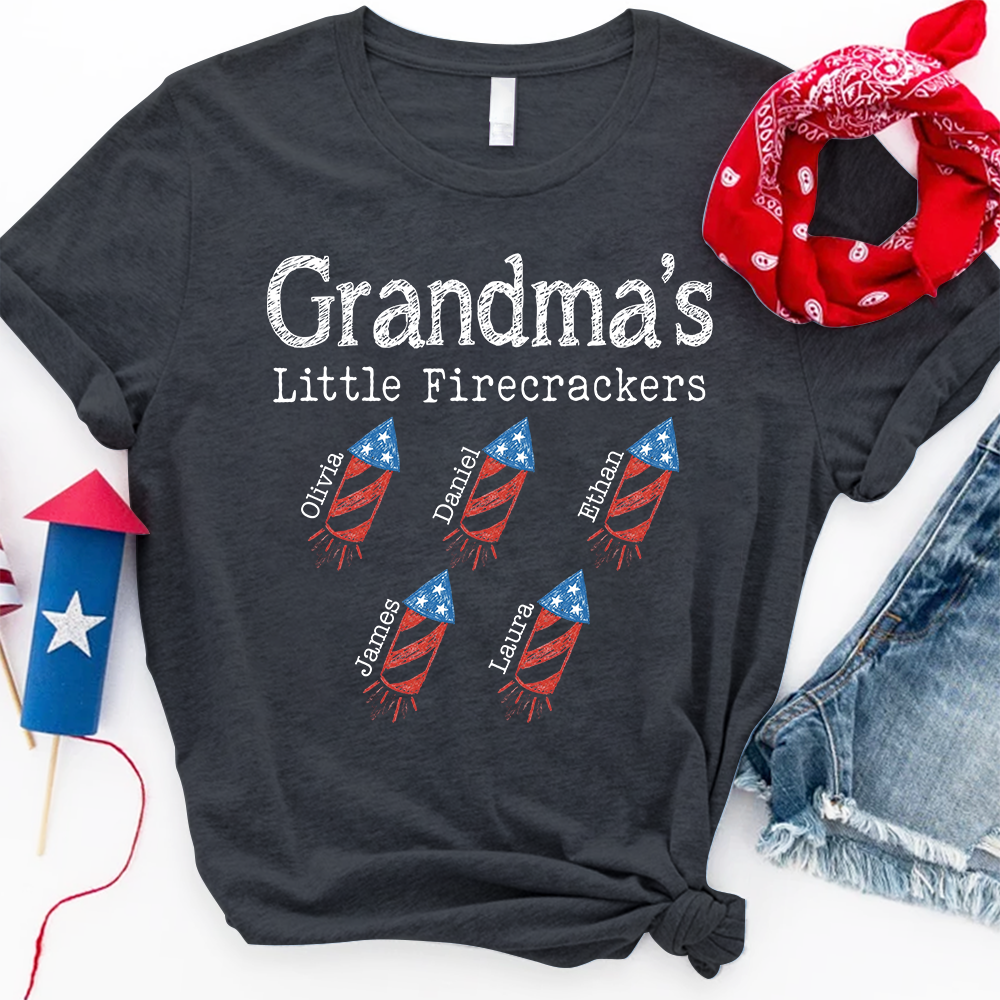 Custom Grandma Little Firecrackers T Shirt, Personalized Kids Names, Patriotic Firework Rockets Graphic, July 4th Family Matching Apparel