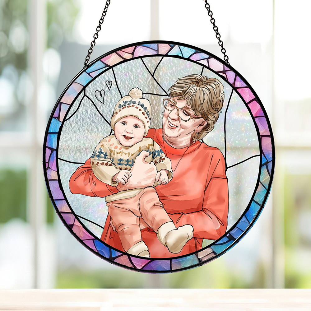 Personalized Grandma & Grandkids Stained Glass Portrait, Custom Family Glass Suncatcher
