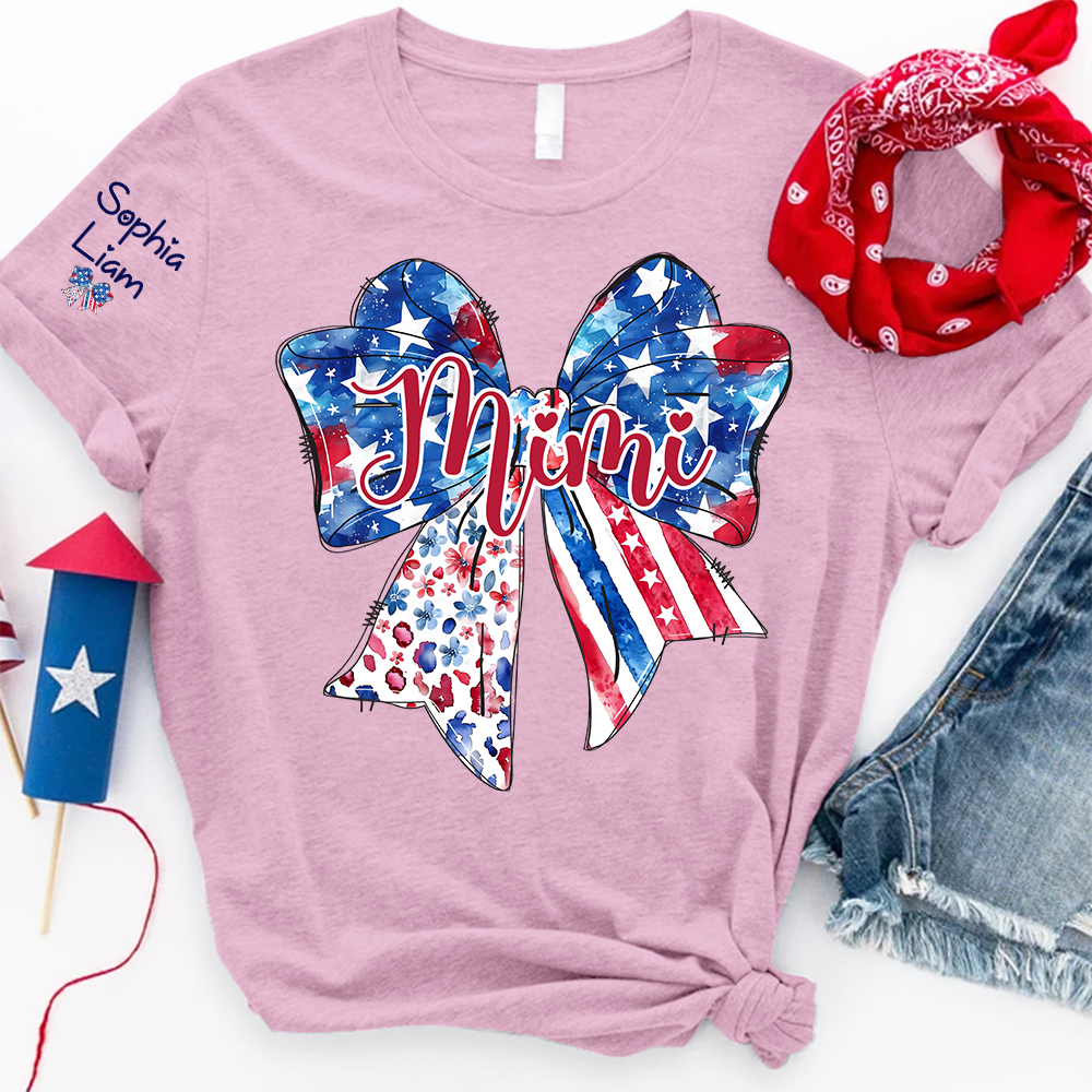 Custom Mimi Shirt with Sleeve Names, American Flag Bow Graphic Tee, Patriotic Grandma Independence Day Apparel