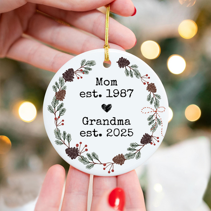 Personalized Mom And Grandma Ornament, Custom Established Year Christmas Wreath Decoration 2025