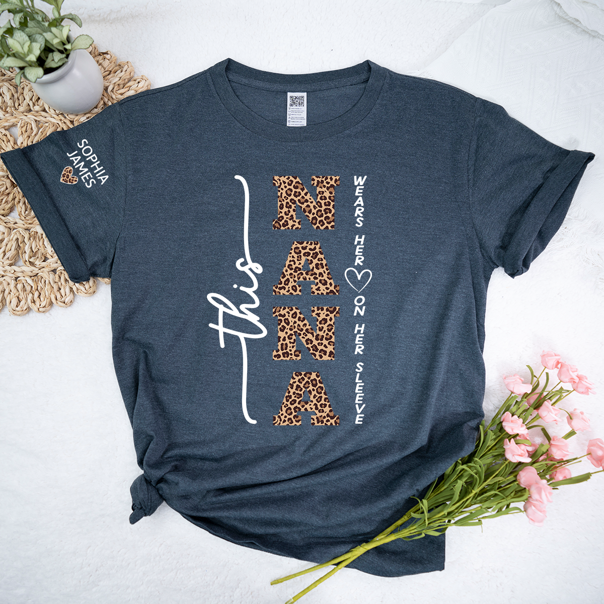 Personalized Nana Leopard Print Shirt, Custom This Nana Wears Her Heart on Her Sleeve T-Shirt with Kids Names