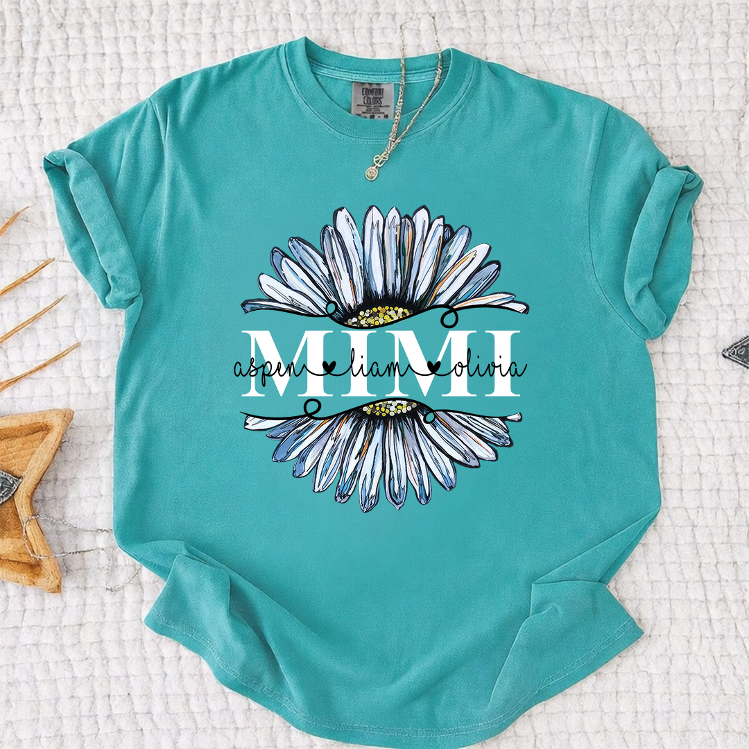 Comfort Colors Personalized Daisy T-shirt for Mimi, Grandma, and Nana | Custom Name Design with Floral Graphic | Spring Family Shirt