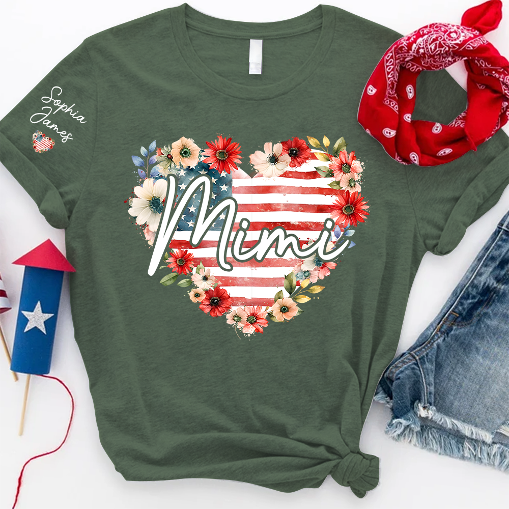 Floral Heart Mimi Shirt – Personalized Family Names with American Flag Design, Great Gift for Mimi