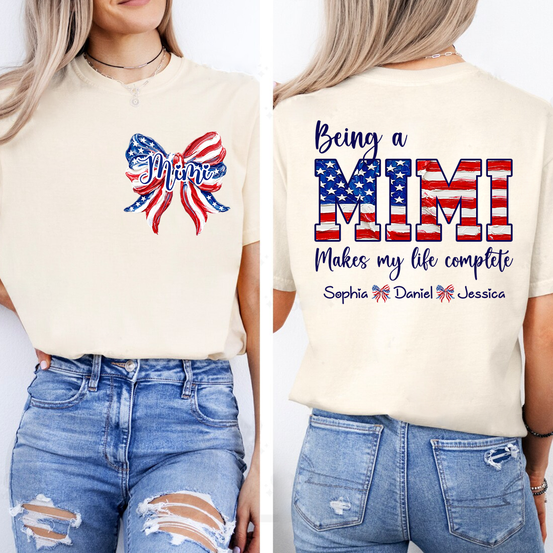 Personalized Mimi Patriotic Shirt, Being a Mimi Tee with Kids Names, American Flag Bow Graphic Gift