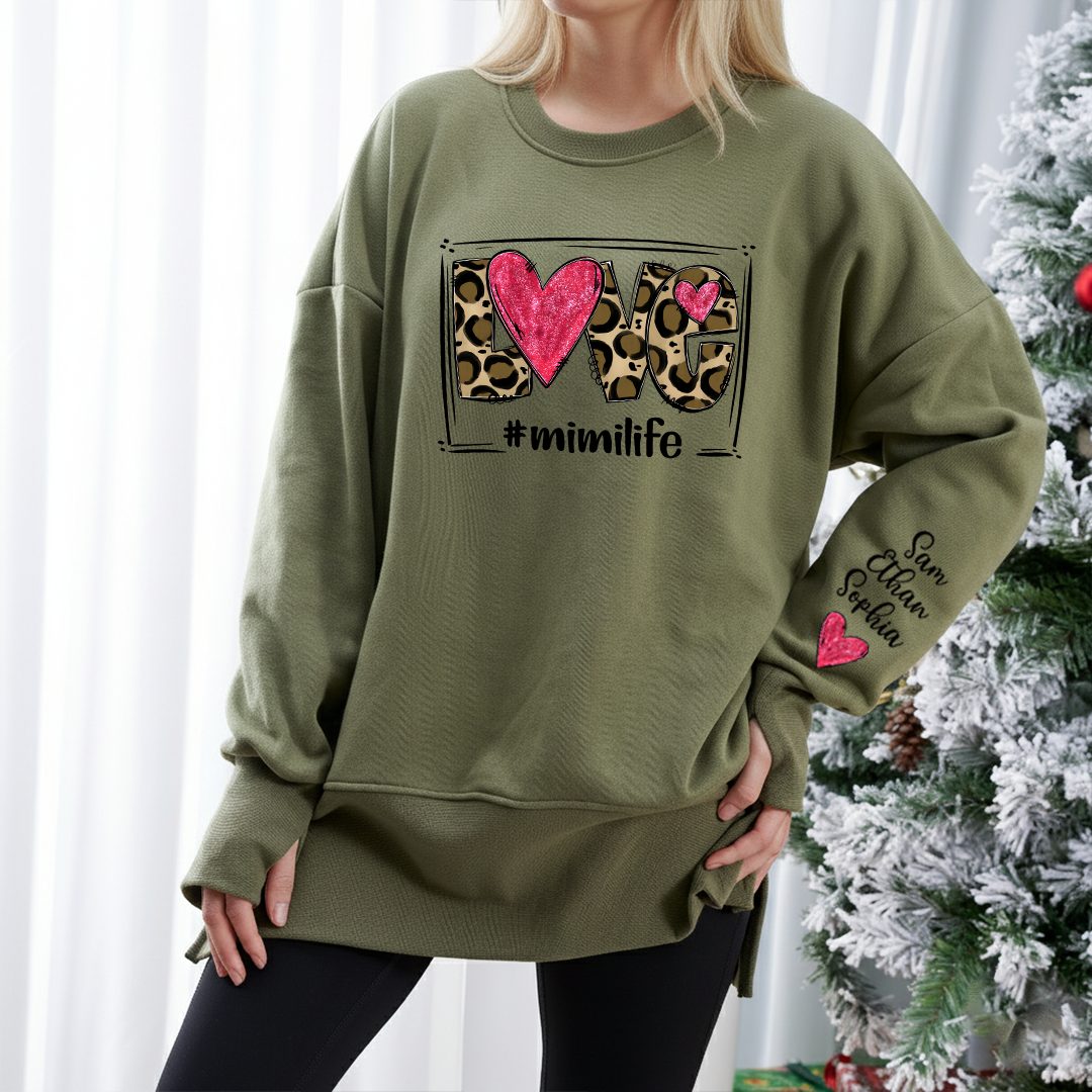 Personalized Mimi Life Oversized Sweatshirt with Leopard Heart Graphic, Custom Grandma Names on Sleeve, Cozy Relaxed Fit Pullover for Mimi, Stylish Family Inspired Apparel for Women