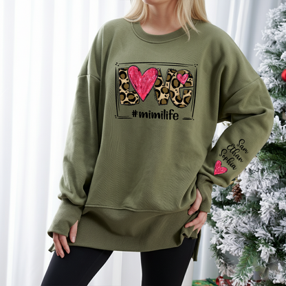 Personalized Mimi Life Oversized Sweatshirt with Leopard Heart Graphic, Custom Grandma Names on Sleeve, Cozy Relaxed Fit Pullover for Mimi, Stylish Family Inspired Apparel for Women