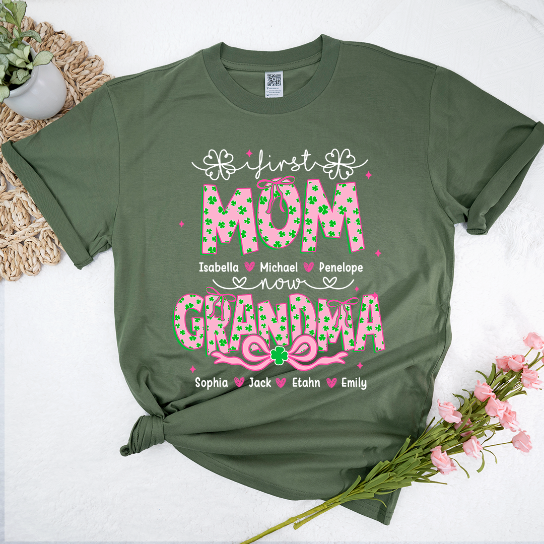 Patrick's Day First Mom Now Grandma Shirt, Personalized Family T-Shirt with Kids and Grandkids Names