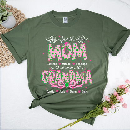 Patrick's Day First Mom Now Grandma Shirt, Personalized Family T-Shirt with Kids and Grandkids Names