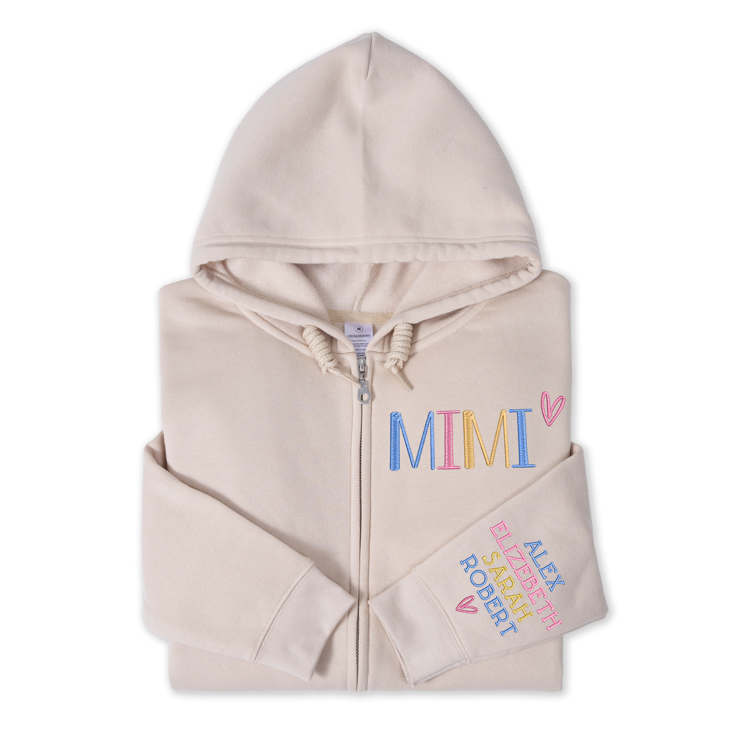 Personalized Embroidered Zip Hoodie for Grandma Mimi, Custom Name & Kids Names Sleeve Stitching, Cozy Full Zip Hooded Sweatshirt Gift for Family