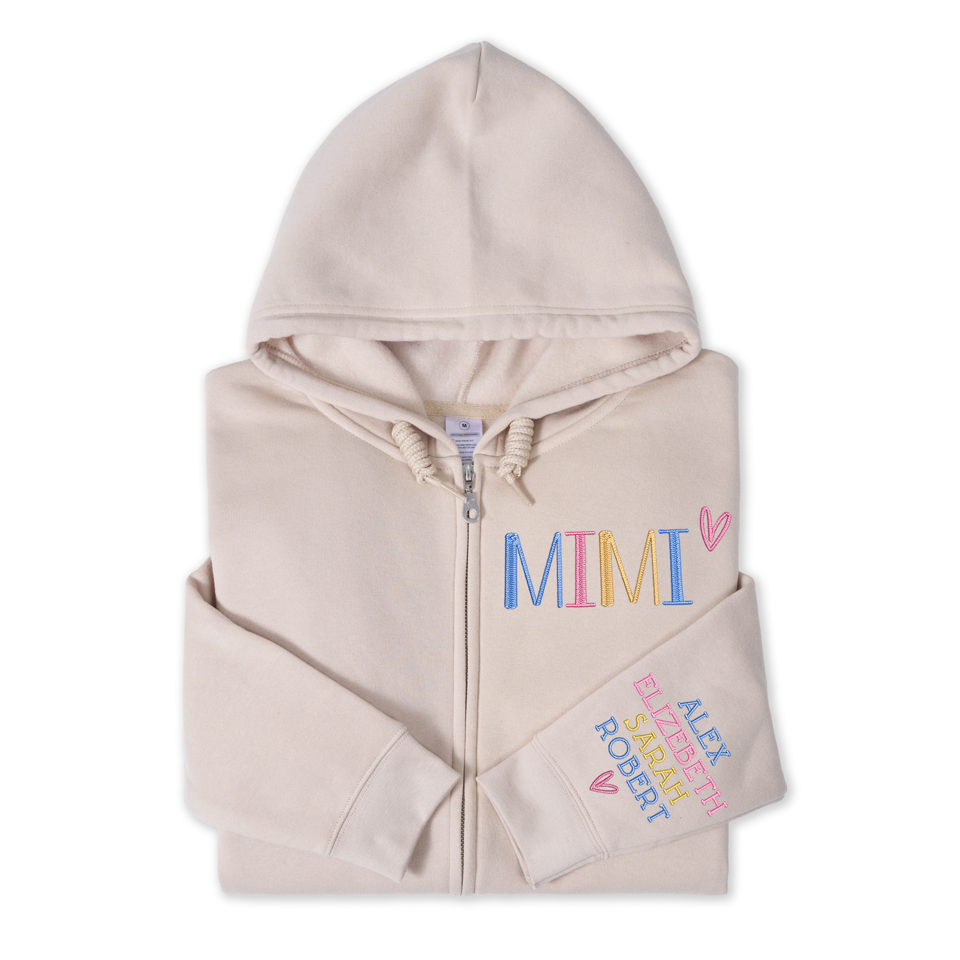 Personalized Embroidered Zip Hoodie for Grandma Mimi, Custom Name & Kids Names Sleeve Stitching, Cozy Full Zip Hooded Sweatshirt Gift for Family