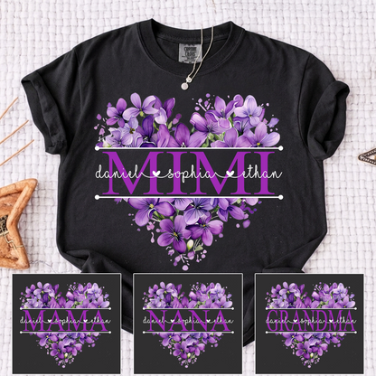 Comfort Colors Purple Floral Heart Mimi Shirt, Personalized Family Names and Violet Flower Design T Shirt