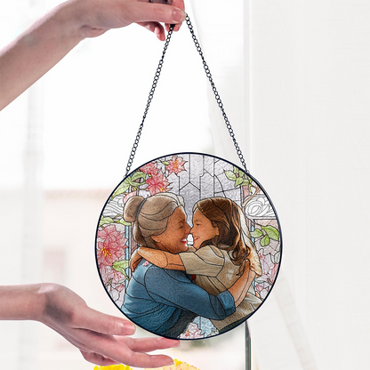 Personalized Grandma And Grandkid Stained Glass Suncatcher, Custom Photo Family Window Hanging Ornament, Birthday, Mother's Gift For Grandma