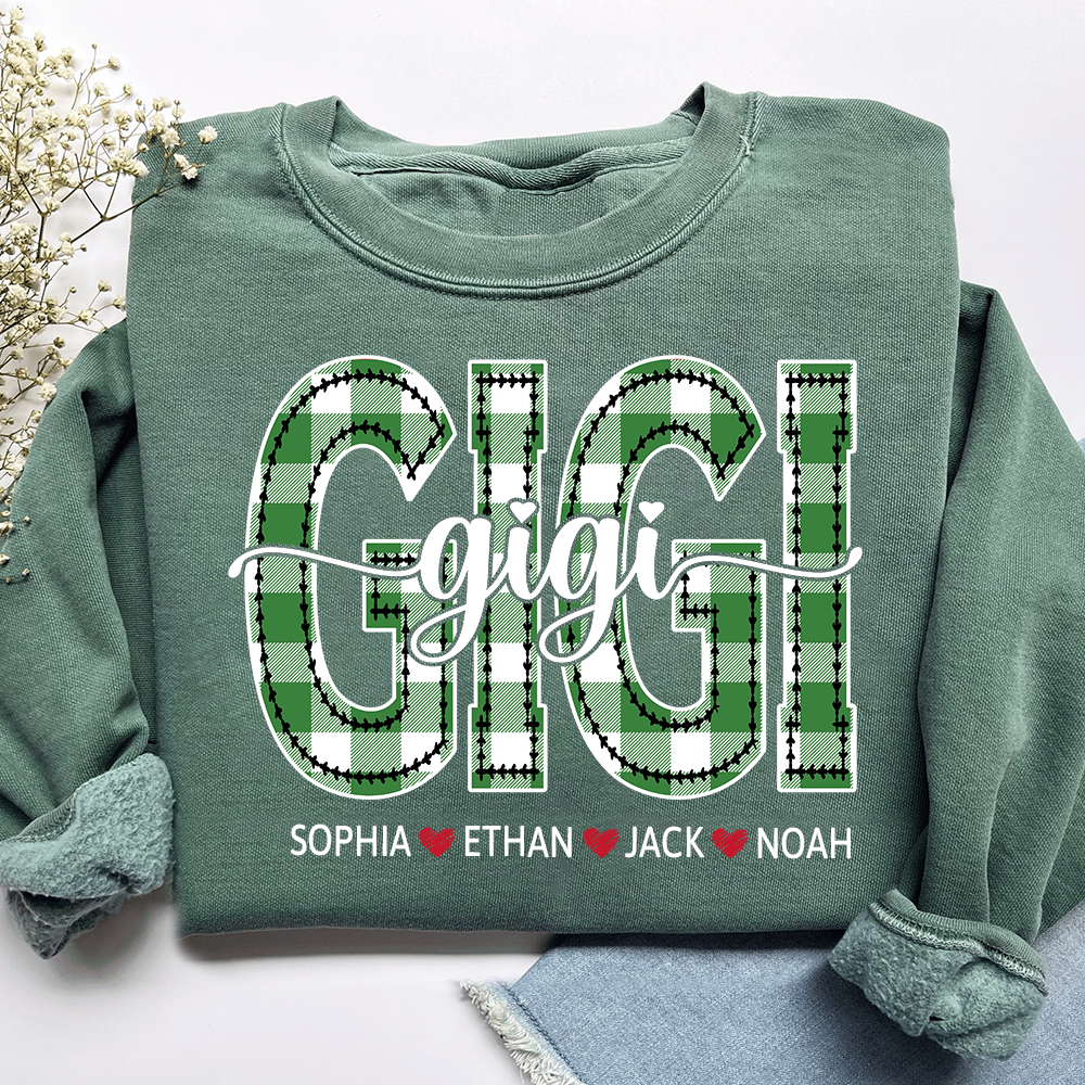 Personalized Gigi Sweatshirt, Custom Green Plaid Letters Shirt with Grandkids Names