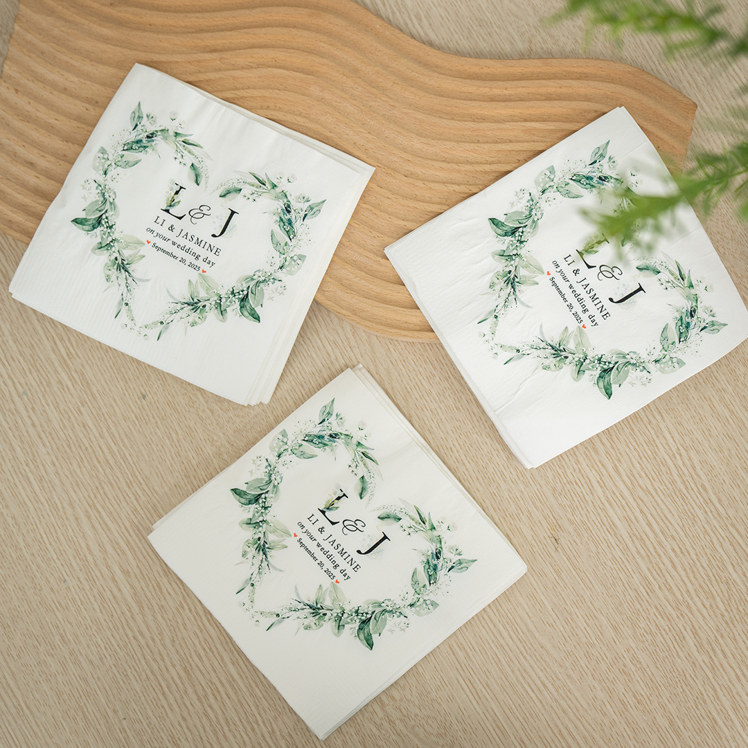 Custom Wedding Napkins with Bride and Groom Initials – Romantic Floral Green Wreath – Elegant Touch for Rustic & Garden Weddings