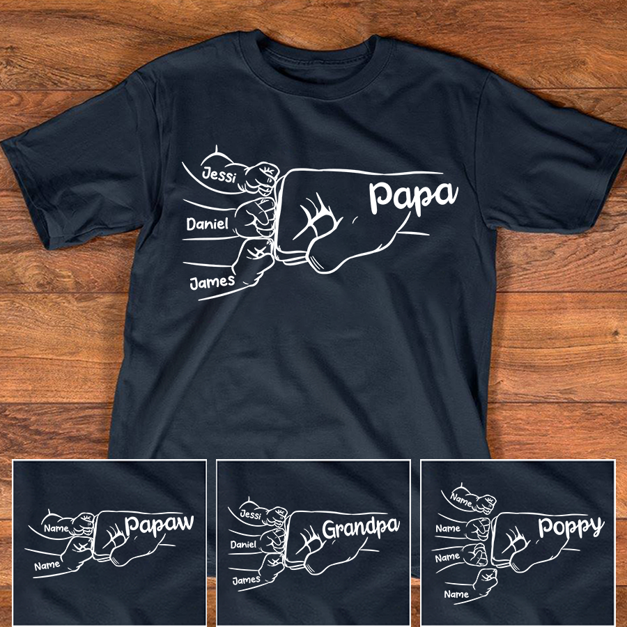 Custom Papa T-Shirt with Fist Bump Graphic – Personalized Father Gift Featuring Children’s Names