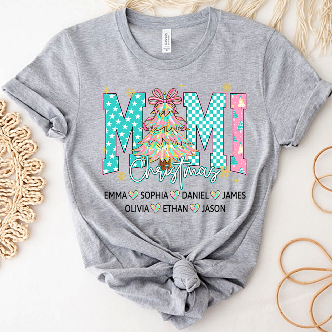 Christmas Tree Mimi T-Shirt, Custom Family Name for Grandma And Kids