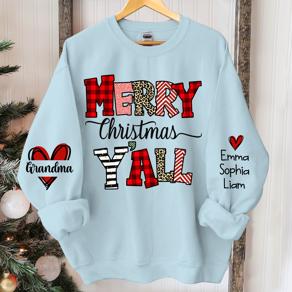 Merry Christmas Y'all Leopard Plaid, Custom Grandma And Kids TH Sweatshirt