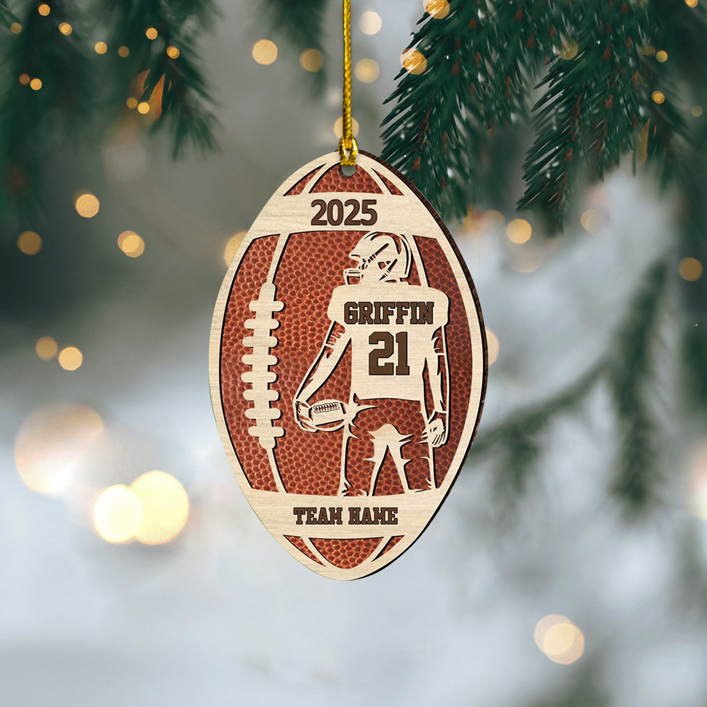 Personalized Wooden Football Ornament, Custom Name & Team Sports Christmas Decoration Wooden Ornament