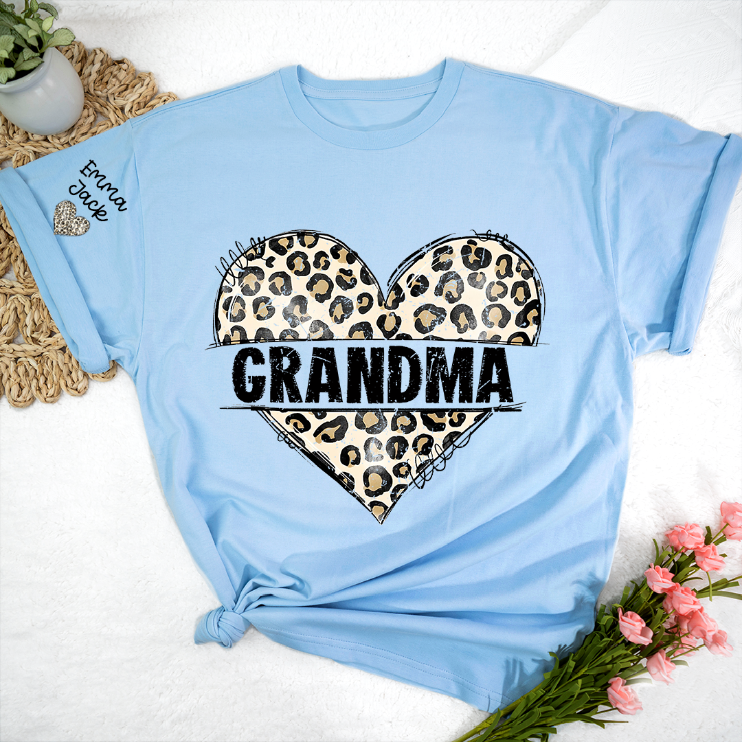 Leopard Heart Grandma Shirt, Personalized Grandkids Names Family T Shirt